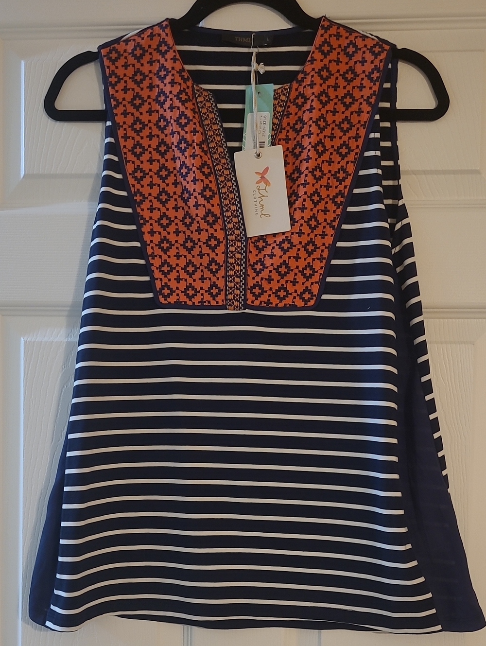 THML Navy & White Striped Tank with Orange Embroidered Yoke